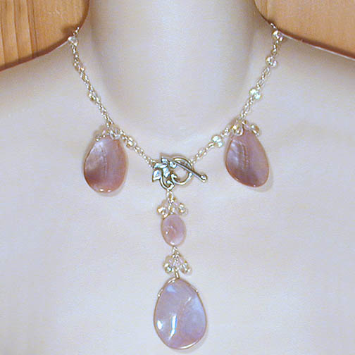 Lavender MOP Drop Necklace w/ Rainbow Moonstone & Rose Quartz